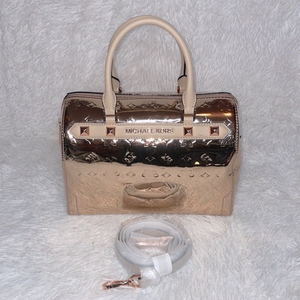 Michael Kors Kara Mirror Metallic Embossed Large Duffle Satchel Bag in Rose Gold